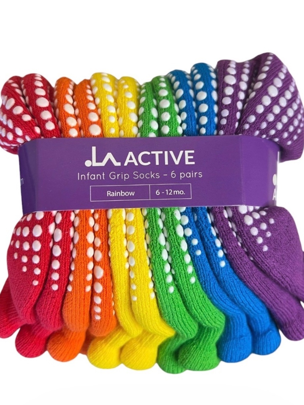 LA Active Athletic Baby Toddler Crew Grip Socks Multipack 6 Pack Rainbow Colours